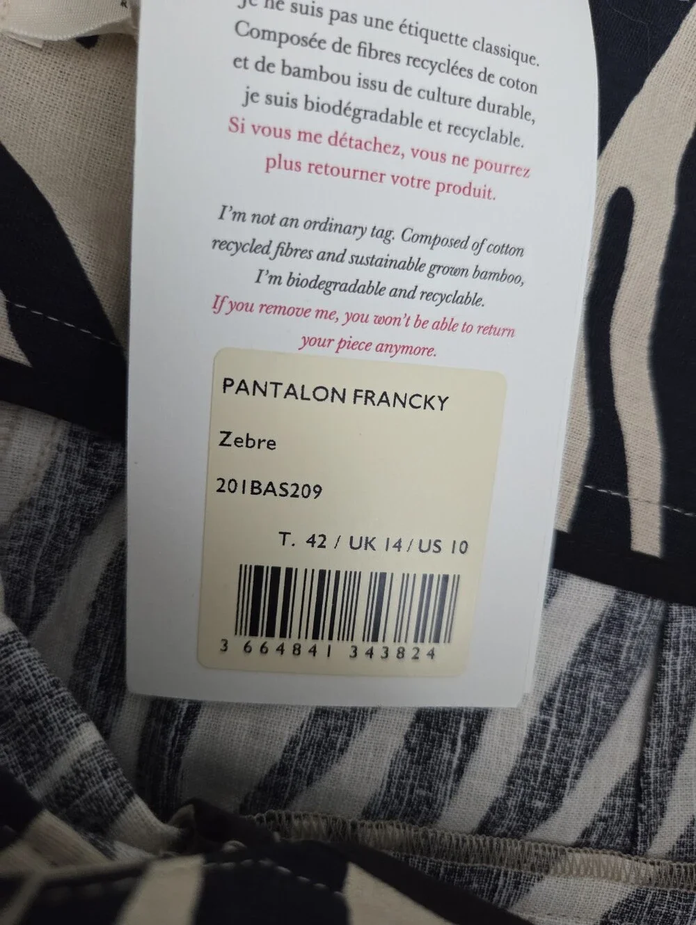 Sezane Francky Trousers in Zebra size 42 NWT